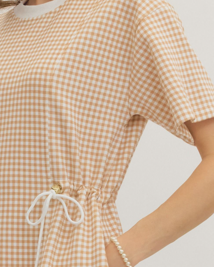Check Pattern Cinch Ties Tan Mini Dress Dresses in at Wrapsody