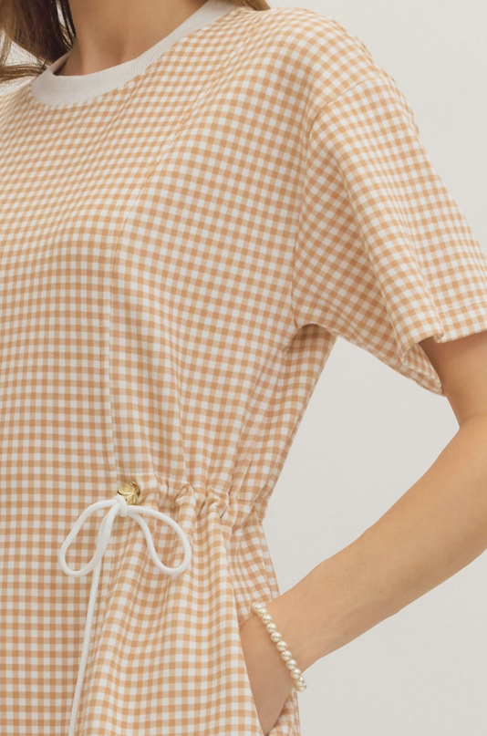 Check Pattern Cinch Ties Tan Mini Dress Dresses in at Wrapsody