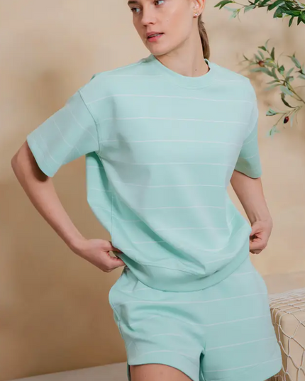 Modal Crewneck Soft Mint Stripe Top Activewear in S at Wrapsody