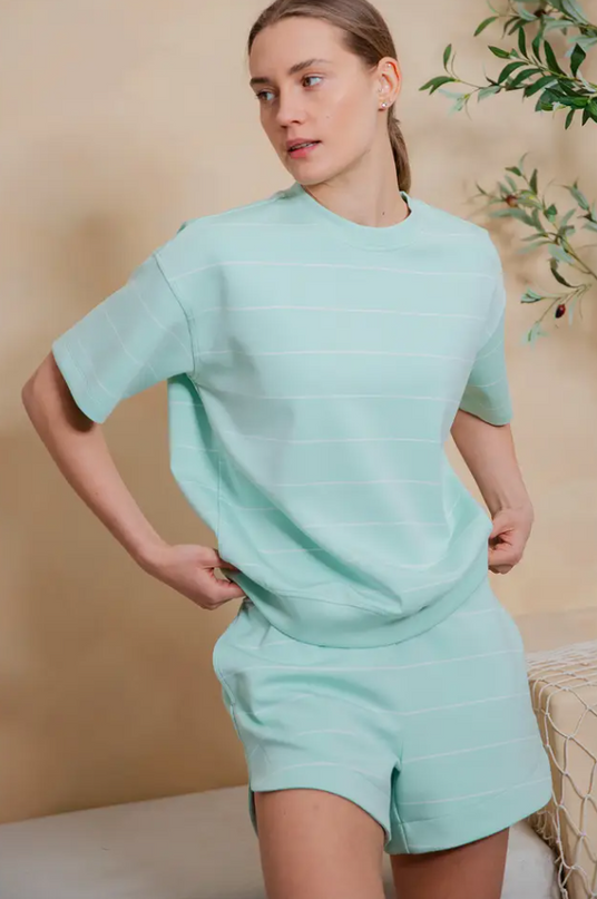 Modal Crewneck Soft Mint Stripe Top Activewear in S at Wrapsody