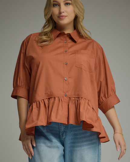Button Up Ruffle Clay Blouse - Extended Size