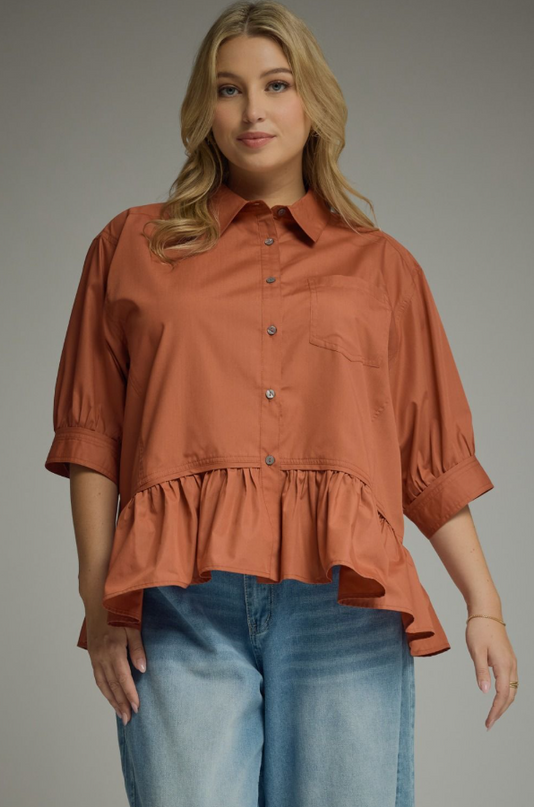 Button Up Ruffle Clay Blouse - Extended Size