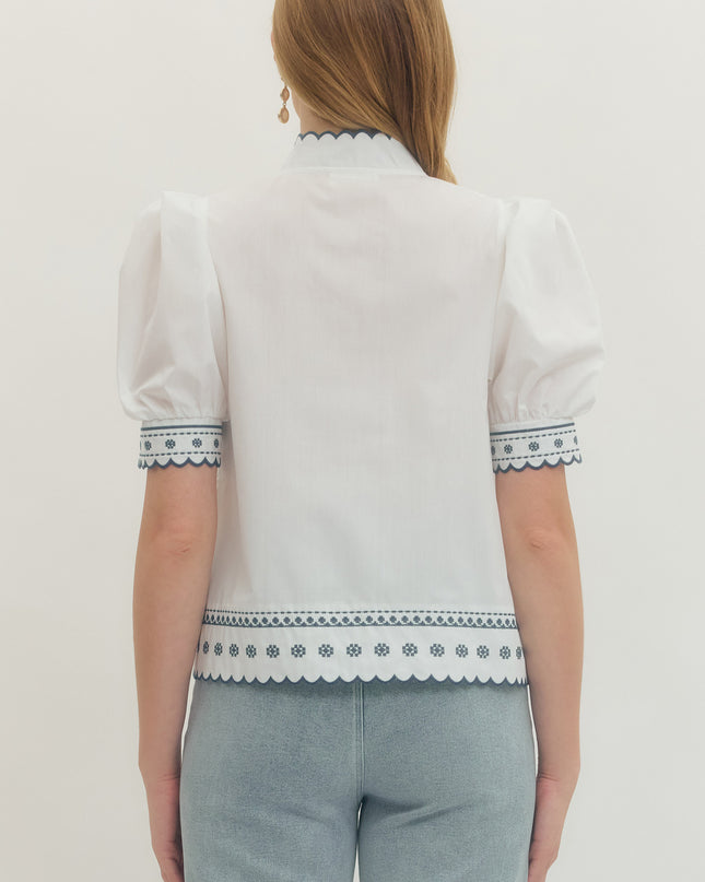 Embroidered Elegance White Blouse Tops in at Wrapsody