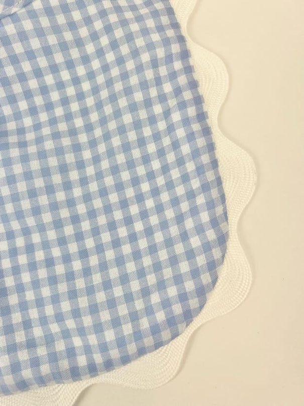 Gingham Scallop Blue Bib Baby in at Wrapsody
