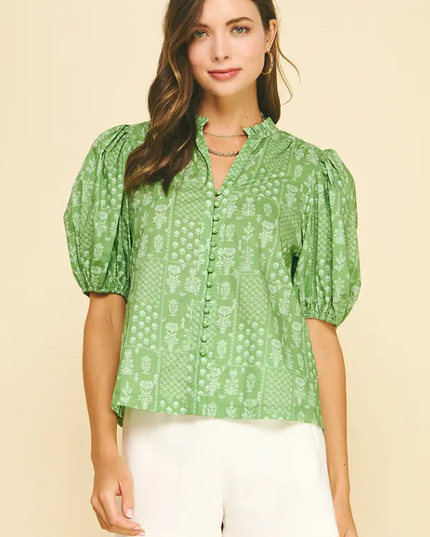 Floral Deep Sage Button Blouse