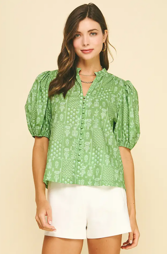 Floral Deep Sage Button Blouse