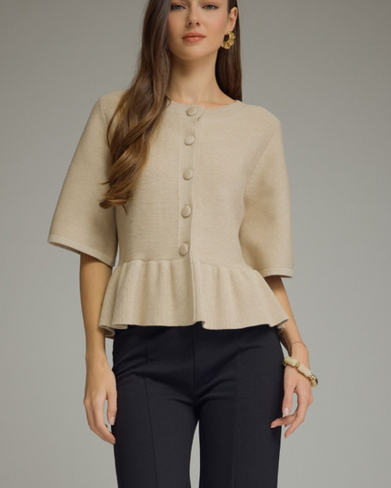 Ribbed Ruffle Hem Oatmeal Cardigan