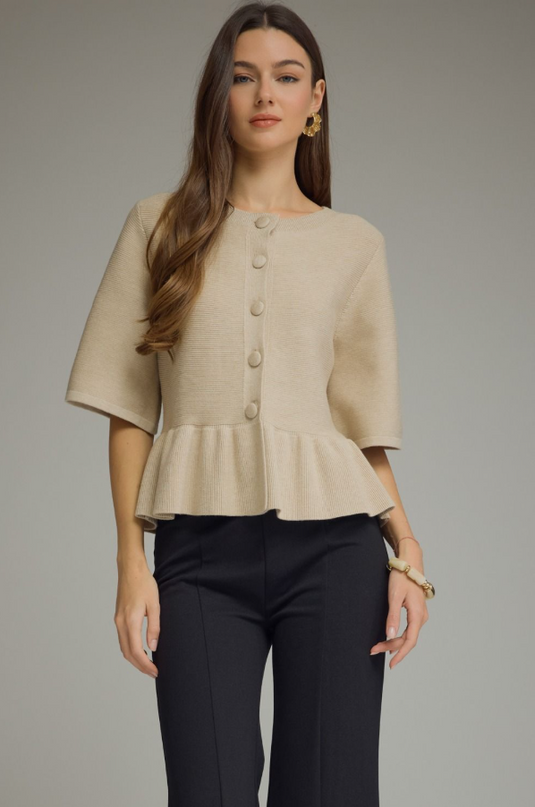 Ribbed Ruffle Hem Oatmeal Cardigan