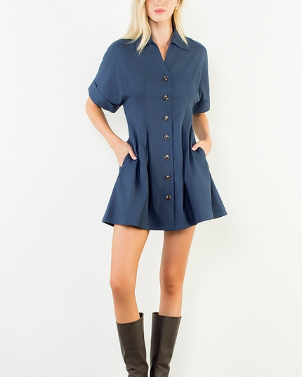 Dress Mini CuffSlv Pleated Navy Dresses in at Wrapsody