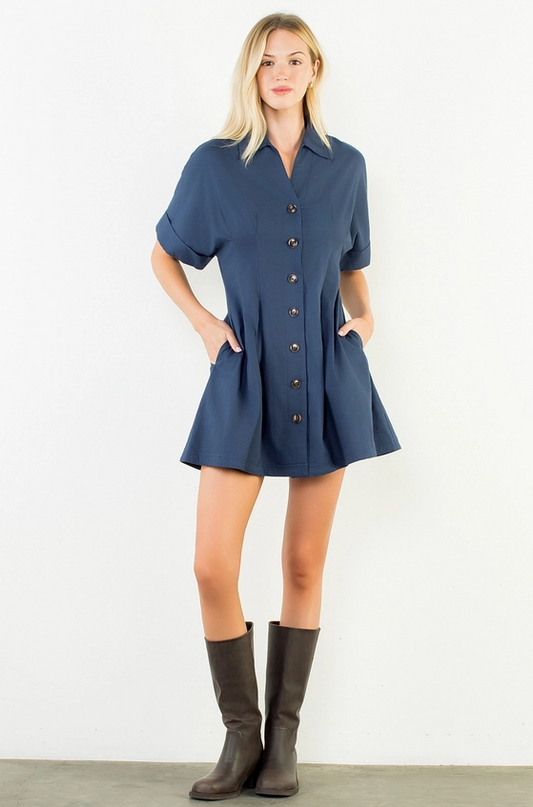 Pleated Navy Mini Dress Dresses in at Wrapsody