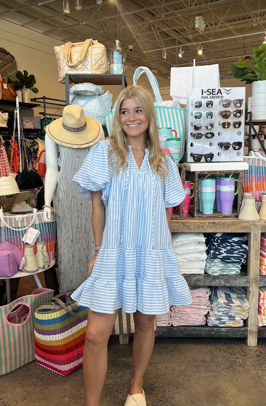 Stripes Away Blue Dress Dresses in  at Wrapsody