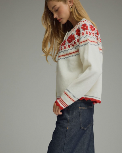 Floral RicRac Trim Cream Cardigan