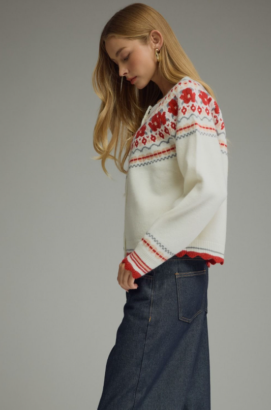 Floral RicRac Trim Cream Cardigan