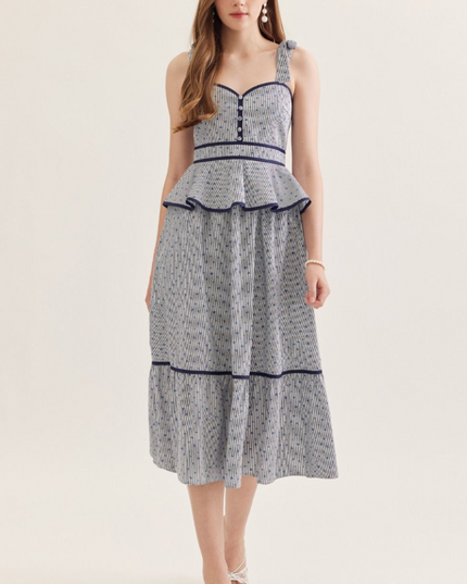 Floral Peplum Midi Dress in Navy Dresses in S at Wrapsody