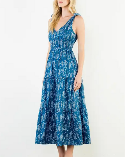 Fish Pattern Navy Midi Dress