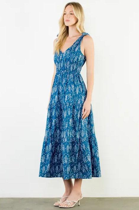 Fish Pattern Navy Midi Dress