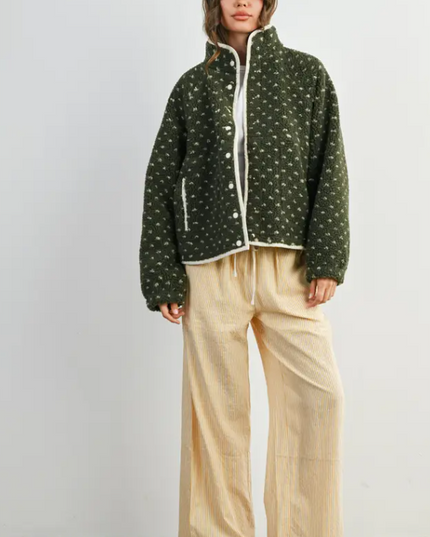 Polka Dot Olive/Taupe Sherpa Jacket Outerwear in S at Wrapsody