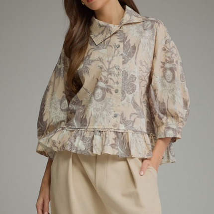 Button-Up Ruffle Floral Ecru Blouse Tops in S at Wrapsody