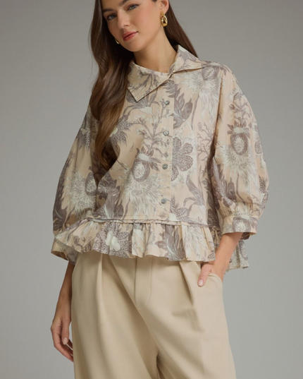 Button-Up Ruffle Floral Ecru Blouse Tops in S at Wrapsody