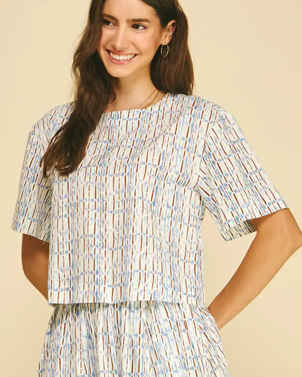 Abstract Printed Blue/Brown Blouse