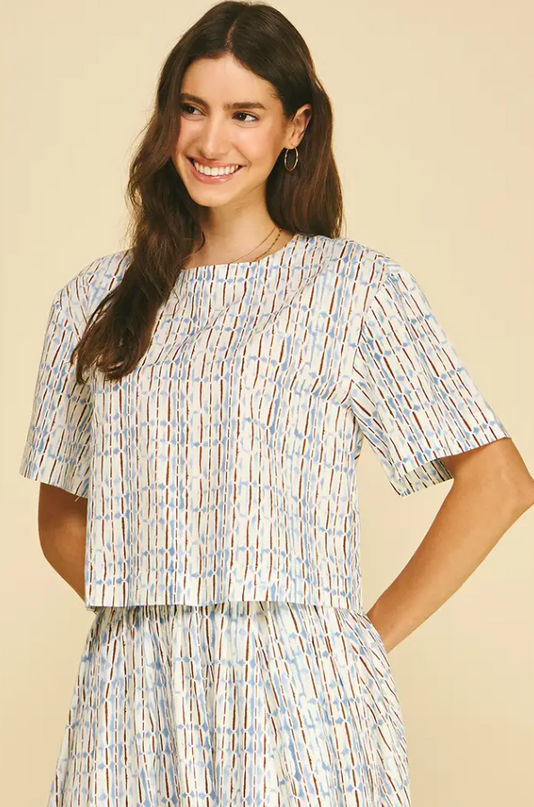 Abstract Printed Blue/Brown Blouse