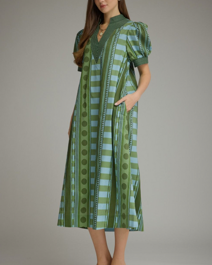 Stripe Printed Olive Midi Dress