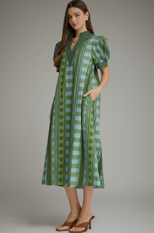 Stripe Printed Olive Midi Dress