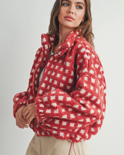 Checked Red/Taupe Sherpa Jacket