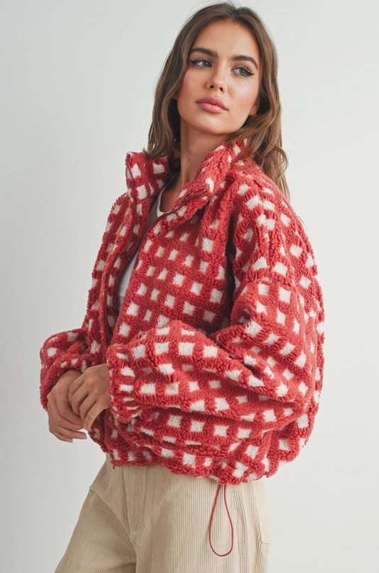 Checked Red/Taupe Sherpa Jacket