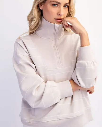 Modal Stripe Mocha Quarter Zip Pullover Activewear in S at Wrapsody