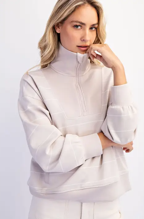 Modal Stripe Mocha Quarter Zip Pullover Activewear in S at Wrapsody