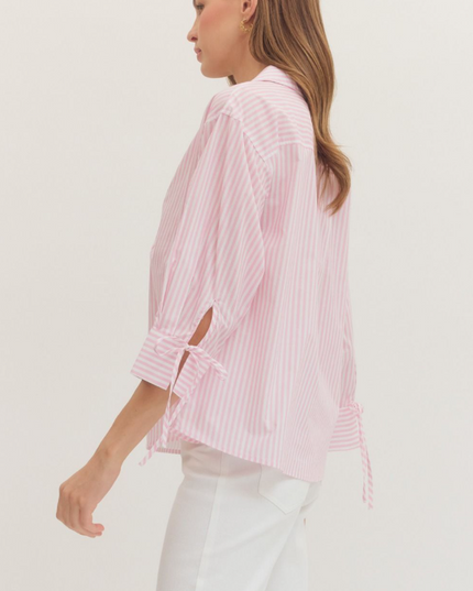 Front Wrap Light Pink Striped Blouse Tops in at Wrapsody