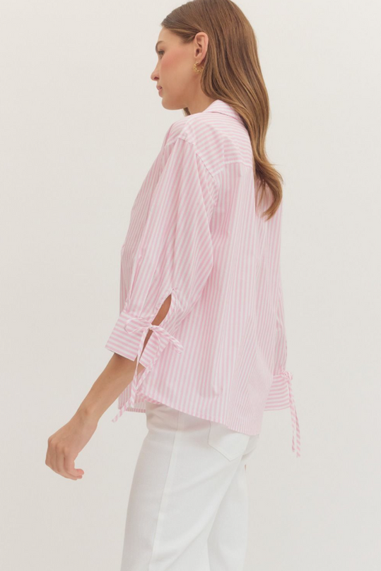 Front Wrap Light Pink Striped Blouse Tops in at Wrapsody