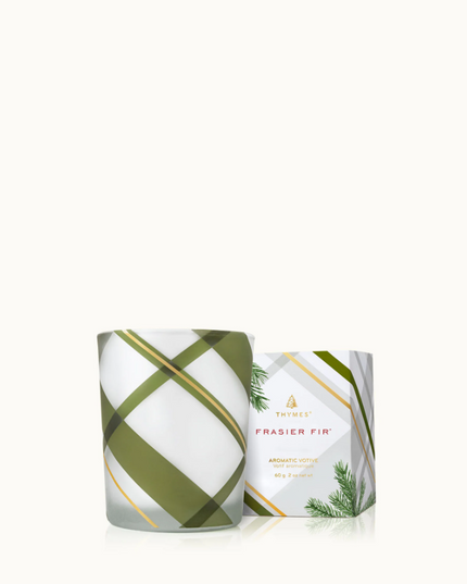 Frasier Fir Frosted Plaid Votive Candles in  at Wrapsody