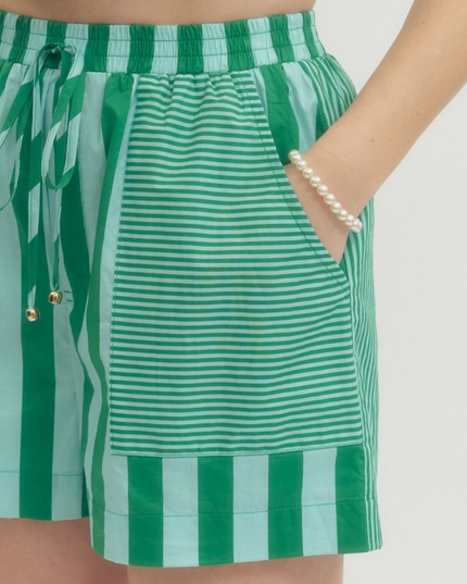 Green & Blue Stripe Shorts Shorts in at Wrapsody