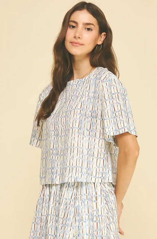 Abstract Printed Blue/Brown Blouse
