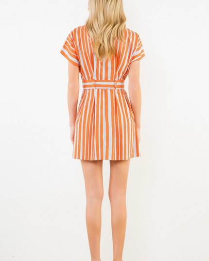 Striped Tie-Waist Orange/Blue Mini Dress