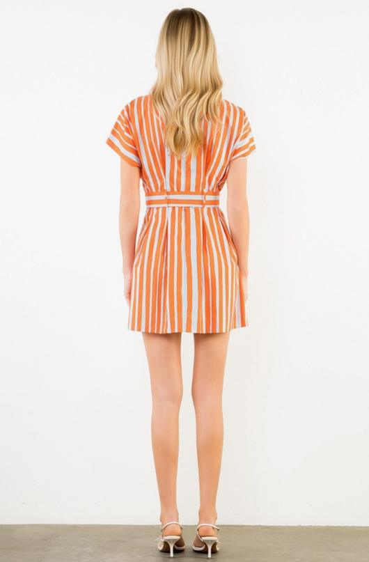 Striped Tie-Waist Orange/Blue Mini Dress
