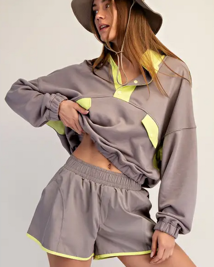 French Terry Playful Stone Taupe/Lime Set Activewear in at Wrapsody