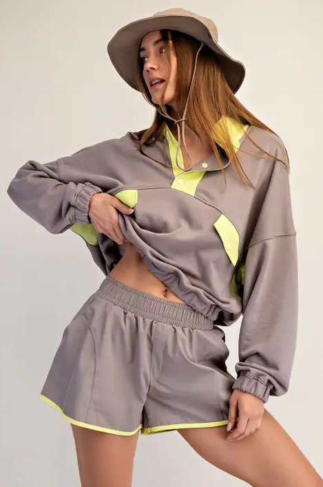French Terry Playful Stone Taupe/Lime Set Activewear in at Wrapsody