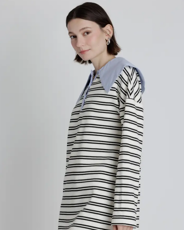 Striped Mini Dress with Oversized Collar