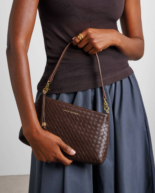 Nova Small Shoulder Bag in Woven Dark Chocolate Handbags in at Wrapsody