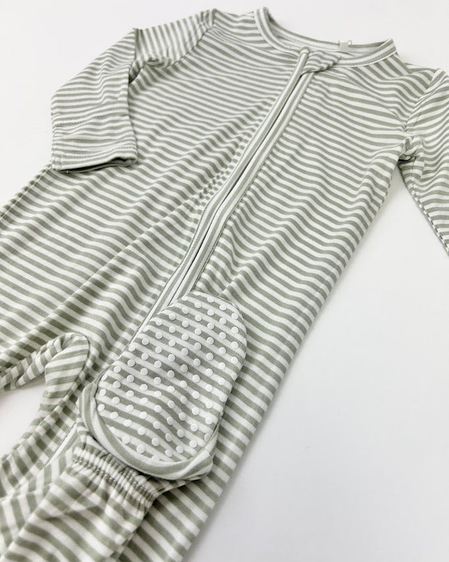 Desert Green Stripe 2-Way Zipper Footie Baby in  at Wrapsody