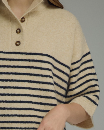 Mockneck Quarter Sleeve Navy/Ecru Stripe Sweater
