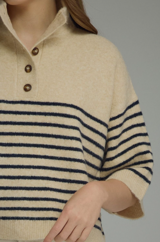 Mockneck Quarter Sleeve Navy/Ecru Stripe Sweater