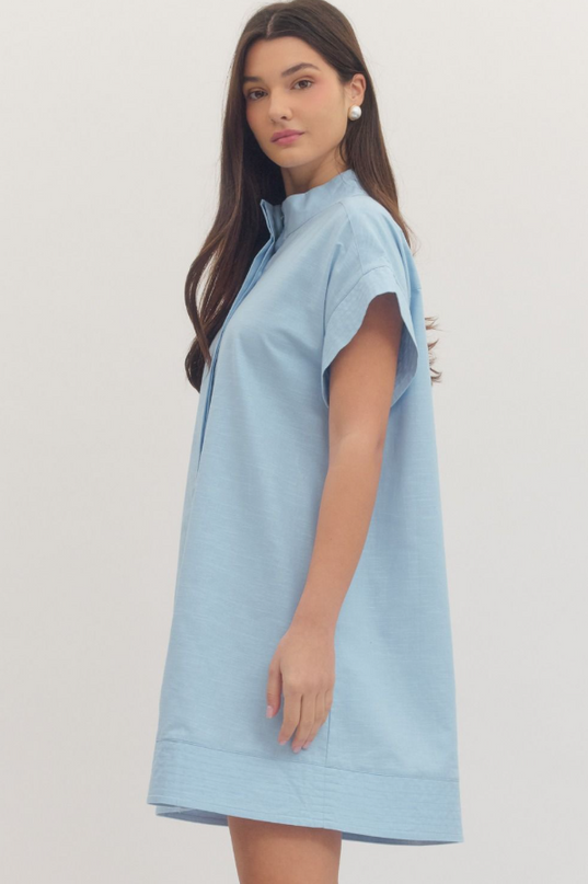 Stitched Button Down Mini Dress in Chambray Dresses in at Wrapsody
