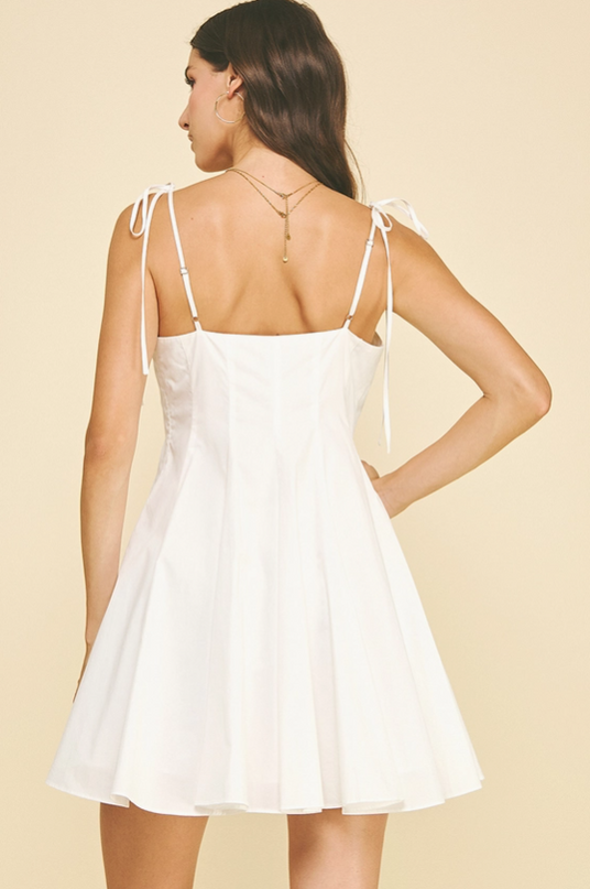 Tie-Shoulder Flare White Mini Dress Dresses in at Wrapsody