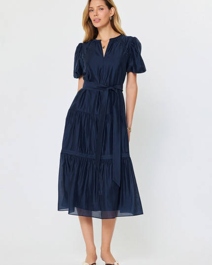 Tiered Midi Dress in Navy Dresses in XS at Wrapsody