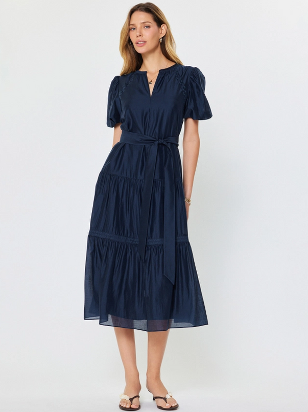 Tiered Midi Dress in Navy Dresses in XS at Wrapsody