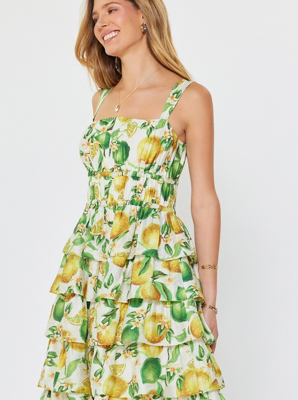 Tiered Ruffle Lemon Midi Dress Dresses in at Wrapsody